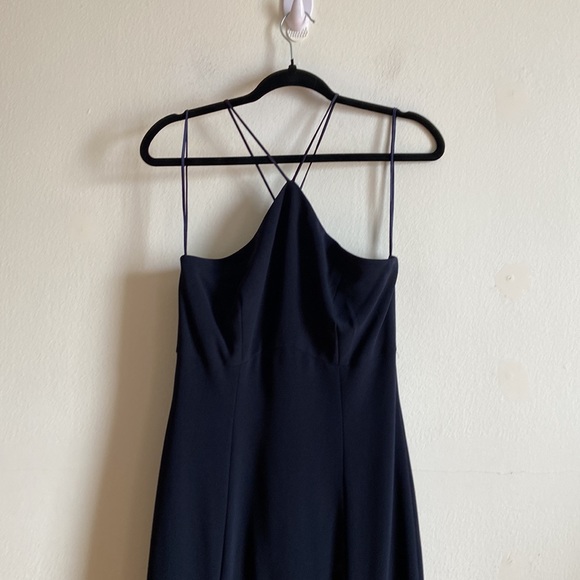 Theia Dark Navy Blue Halter Siren Full Length Maxi Gown Bridesmaid Event Dress - Picture 4 of 14